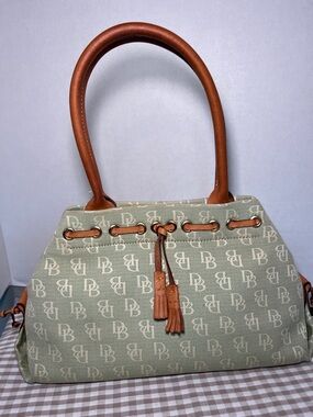Y2K Green Dooney and Bourke Signature Canvas Monogrammed Tassel Tote